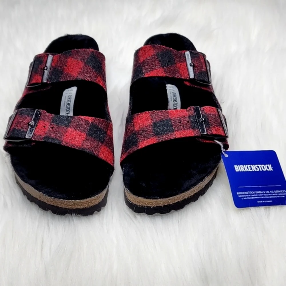 Birkenstock Arizona Wool Shearling Sandal Plaid Red